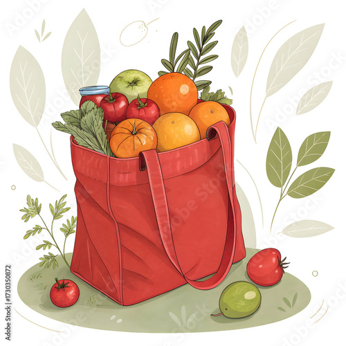 Vibrant red tote bag filled with fresh produce