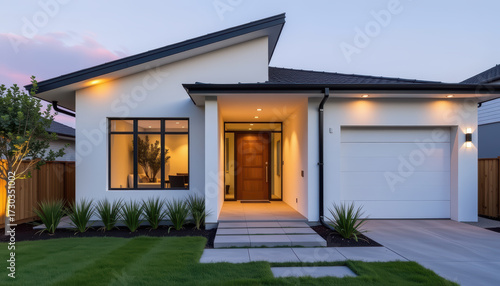 Wallpaper Mural Modern white house exterior with illuminated entryway and garage Torontodigital.ca