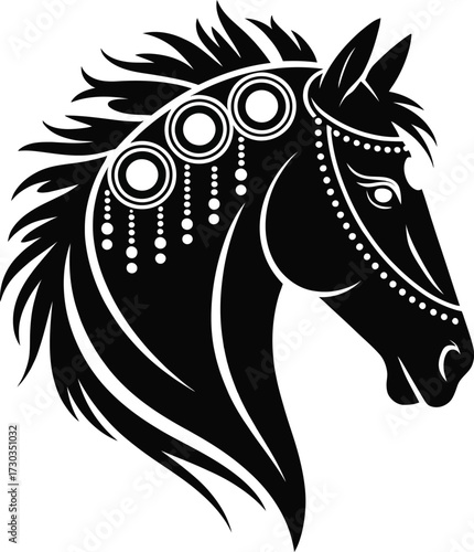 Black and White Galloping Horse Illustration, A dynamic illustration of a horse, rendered in black and white, dominates the frame. The horse is depicted mid-gallop, all four hooves off the ground