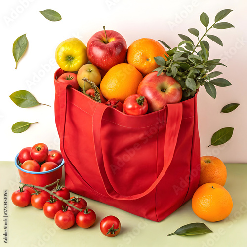 Vibrant red tote bag filled with fresh produce
