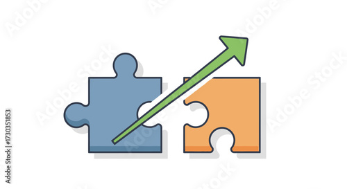 Illustration of puzzle pieces connecting with an upward pointing arrow symbolizing progress