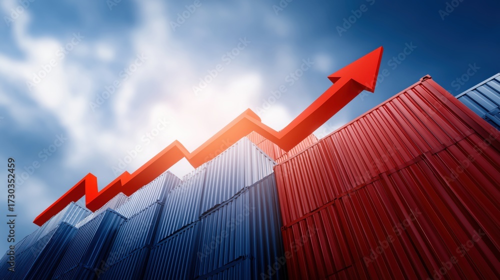 Fototapeta premium Red arrow rising over shipping containers