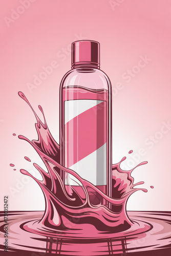 Pink liquid splashing around a clear bottle with a label