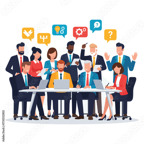 Diverse group of professionals collaborating and brainstorming ideas at a modern office meeting table, surrounded by speech bubbles representing communication, innovation, and problem-solving