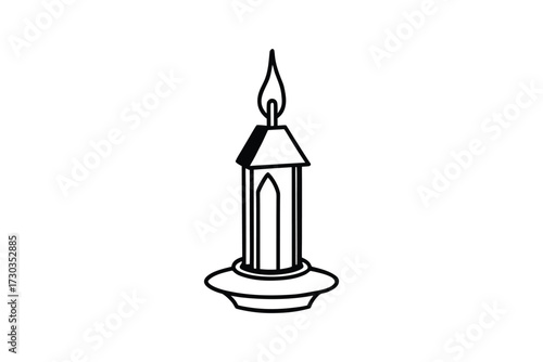 Simple black and white sketch of a lit candlestick with base