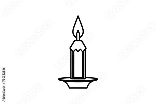 A simple black and white line drawing of a lit candle on base