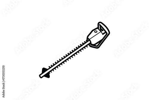 A black and white illustration of a handheld electric hedge trimmer tool