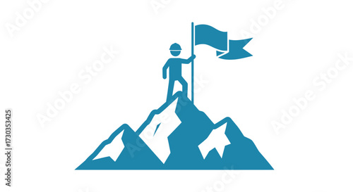 Symbol of achievement and success represented by a man planting a flag on top of a mountain with