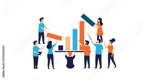 Teamwork boosts business performance concept with flat design and a growing bar chart to achieve