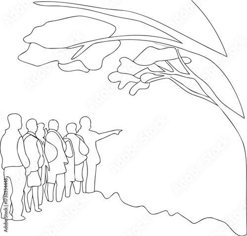 Teachers guiding students on field trip, one line art.