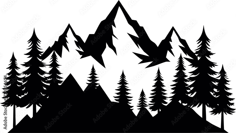 Obraz premium Snowy peak mountain silhouette, Forest landscape vector, Wilderness scenery illustration