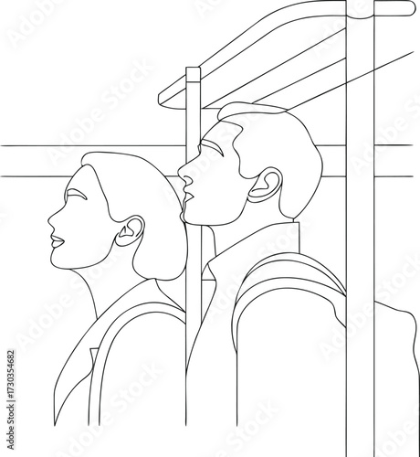 Travelers waiting at airport terminal, one line art.