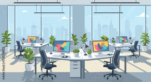 Modern Open Office Space with City View Desks, Chairs, Plants, Computers, and Natural Light for a Productive Work Environment