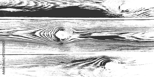 close-up view of rough black and white wood grain texture with horizontal lines and knot.  White natural wood wall texture and background. Detailed macro view of felled tree trunk or stump.