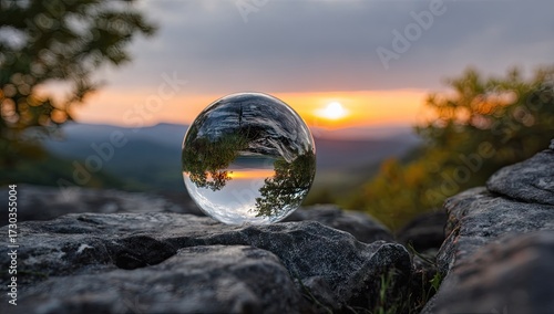 Glass sphere reflecting landscape at sunset over natural rocky terrain