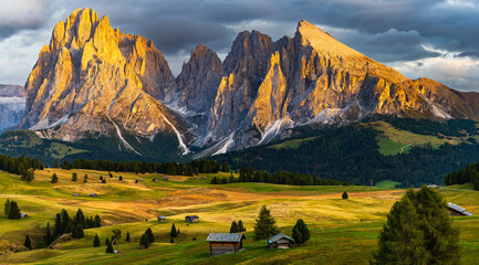 Foto auf Acrylglas Alpen The UNESCO site Seiser Alm or Alpe di Siusi the Dolomite plateau and the largest high-elevation Alpine meadow in Europe located in Italy's South Tyrol province in the Dolomites in autumn sunset.  © Ondrej Bucek