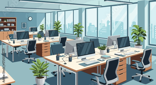 Modern Office Space with Desks, Chairs, Computers, and Plants Offering Productivity and Comfort in a Bright, Professional Environment