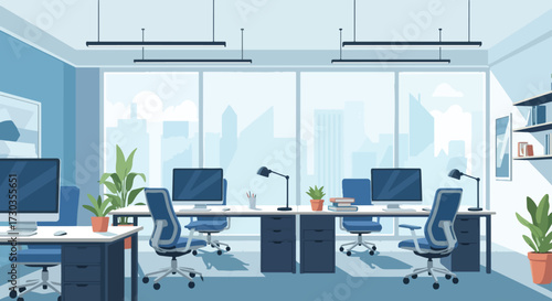 Modern office interior with open space layout, computer workstations, and panoramic windows showing a city skyline. Professional business workplace concept