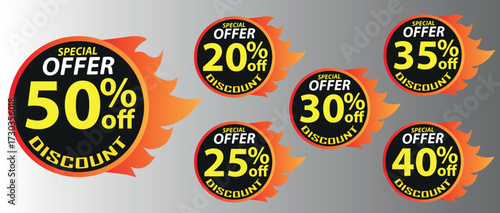 Discount buy now label pop-up banner with different sale percentage. 20, 25, 30, 35, 40, 50 percent off price reduction badge promotion, fire Design Discount Tags, discount sale tags with percentages	