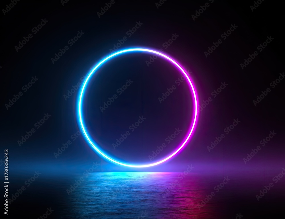 Obraz premium Glowing neon circle with blue and pink lights on dark background