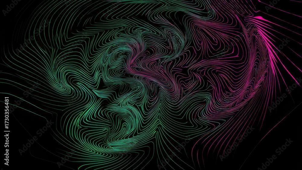Fototapeta premium Abstract swirling lines in teal and magenta on a black background