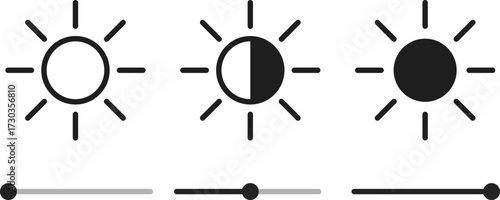 Brightness control icon set. Contrast level icons collection. Screen display level symbol