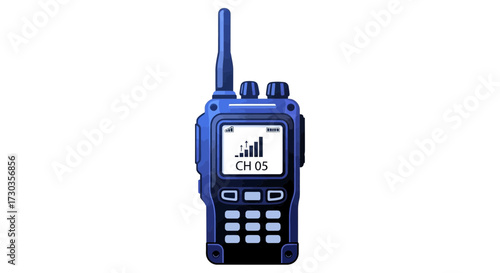 A blue walkie talkie device featuring full battery and signal strength