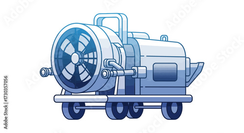 Blue shaded industrial generator with wheels, for power generation process