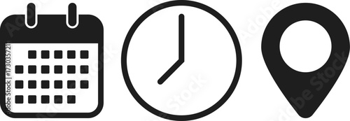 date time location icon set. Address, time, calendar icons collection. Clock, Address location and date Calendar symbol

