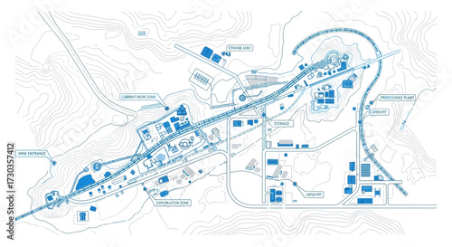 Detailed blueprint style vector illustration of a mining operation site