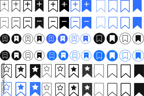 add and remove bookmark icon set. Bookmark add or remove symbol. Bookmark icon with plus and minus sign. Save and unsave bookmarks concept