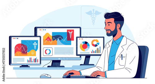 A doctor in a white coat analyzes medical data on multiple computer screens, reviewing charts.