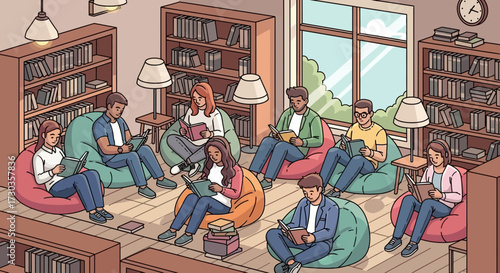 People reading and studying in a library, seated on beanbag chairs, surrounded by bookshelves and natural light.