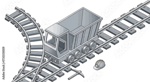 Illustration of a Mining Cart on a Forked Track with Equipment Isolated