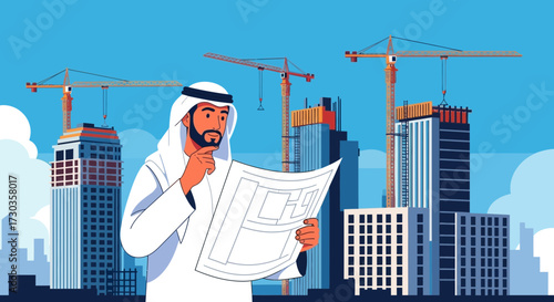 Arab businessman studies blueprints against a backdrop of skyscrapers and construction cranes in a modern city.
