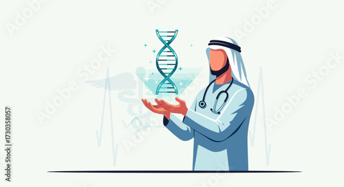 An Arab doctor holding a DNA strand, representing medical advancements and healthcare in the Middle East.