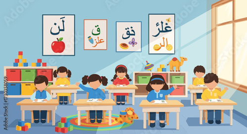 Children in a classroom setting, learning and raising hands, studying.