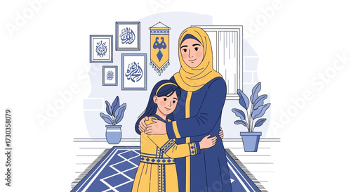 A mother and daughter embrace warmly in a cozy living room setting, surrounded by religious artwork.