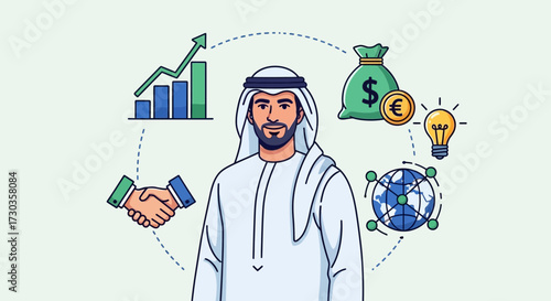 Arab man surrounded by business icons representing growth, money, ideas, global network, and partnerships.