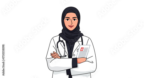 An illustration of a smiling female doctor wearing a hijab and holding a medical chart.
