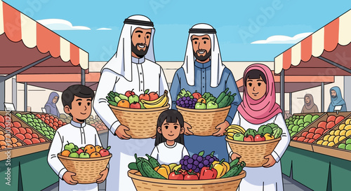 An Arab family at a vibrant outdoor market, holding baskets of fresh produce.