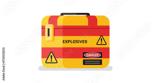 Illustrative dangerous yellow explosives toolbox with danger warning sign
