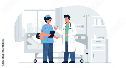 A nurse and doctor discussing patient care in a hospital room, reviewing medical records.
