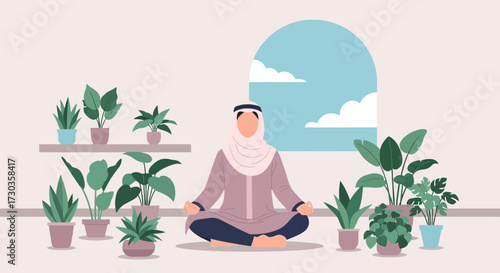 A person in traditional attire meditates surrounded by potted plants and a window.