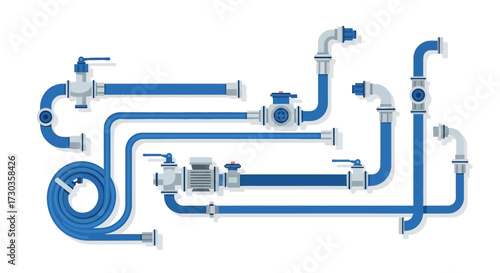 Intricate network of blue pipes and valves in a flat vector illustration