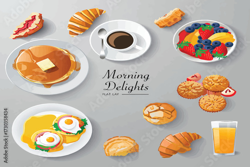 Delicious Morning Delights A Vibrant Flat Lay of Breakfast Favorites & Beverages