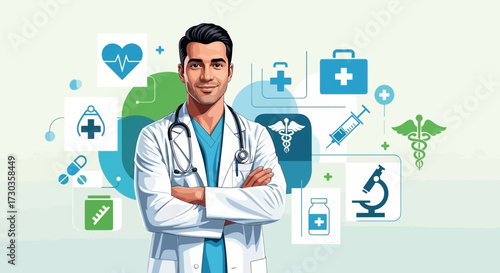 A doctor stands with arms crossed surrounded by medical symbols, representing healthcare and medicine.