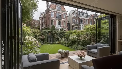 A meticulously landscaped garden unfolds beyond expansive folding glass doors, offering a serene indoor-outdoor living space.