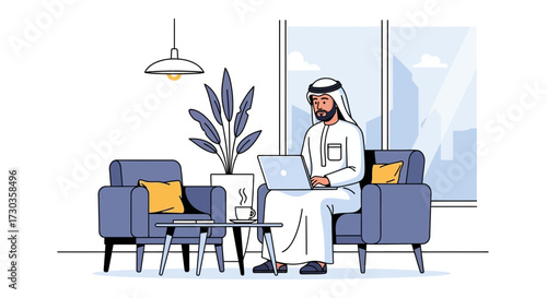Illustration of a man in traditional Arab clothing working on a laptop in a modern, comfortable setting.
