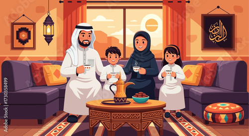 A cartoon family in traditional attire enjoying a warm drink together in a cozy living room setting.